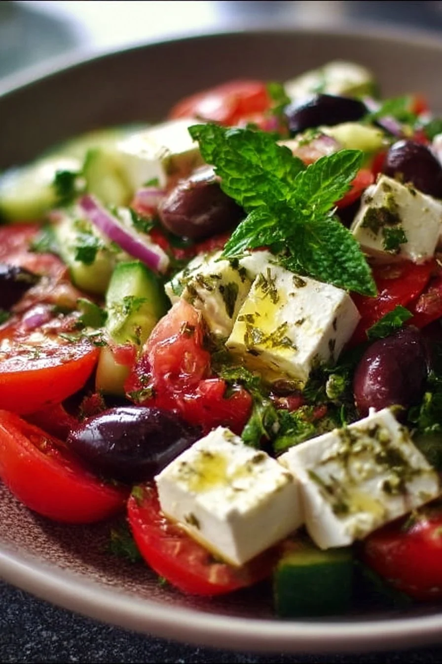 Delicious feta salad served in a bowl at a potluck party