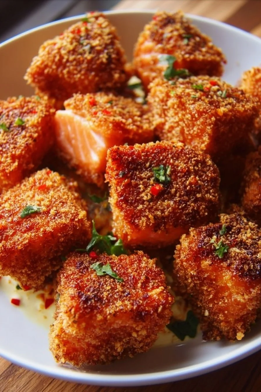 Crispy Bang Bang Salmon Bites, zesty and flavorful appetizer on a plate