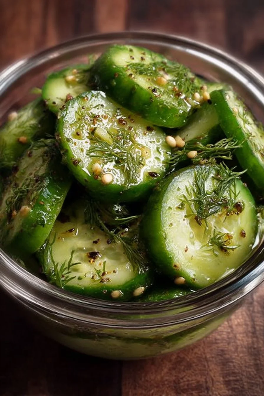 Zesty garlic dill cucumbers in a bowl with fresh herbs