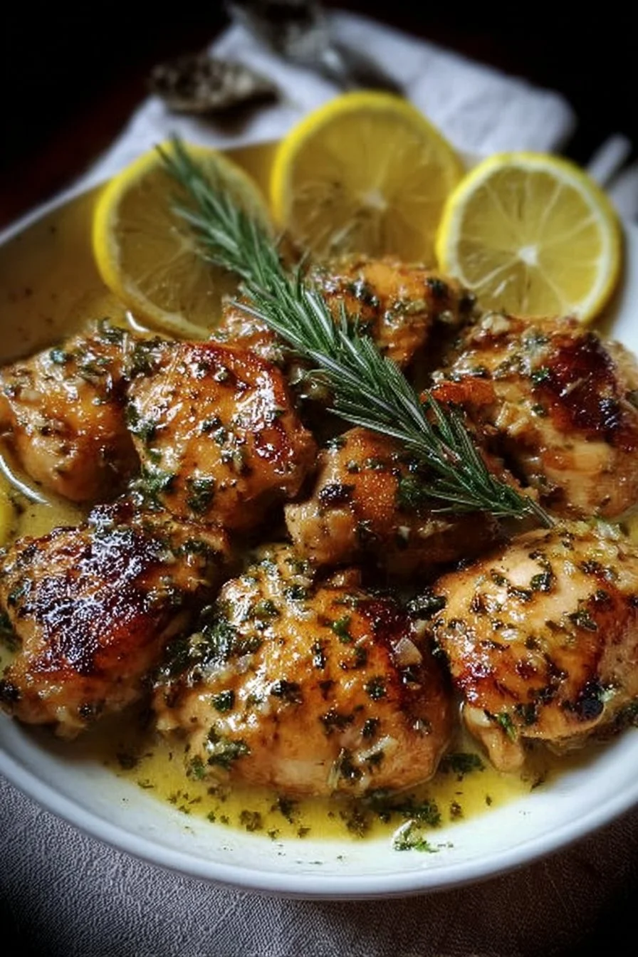 Zesty lemon butter chicken garnished with herbs and lemon slices