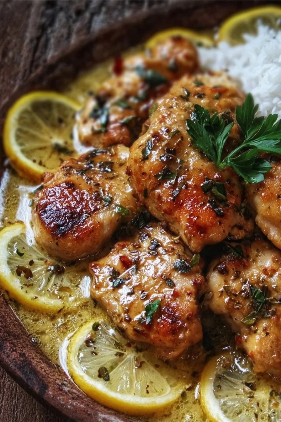 Deliciously cooked lemon butter chicken garnished with fresh herbs