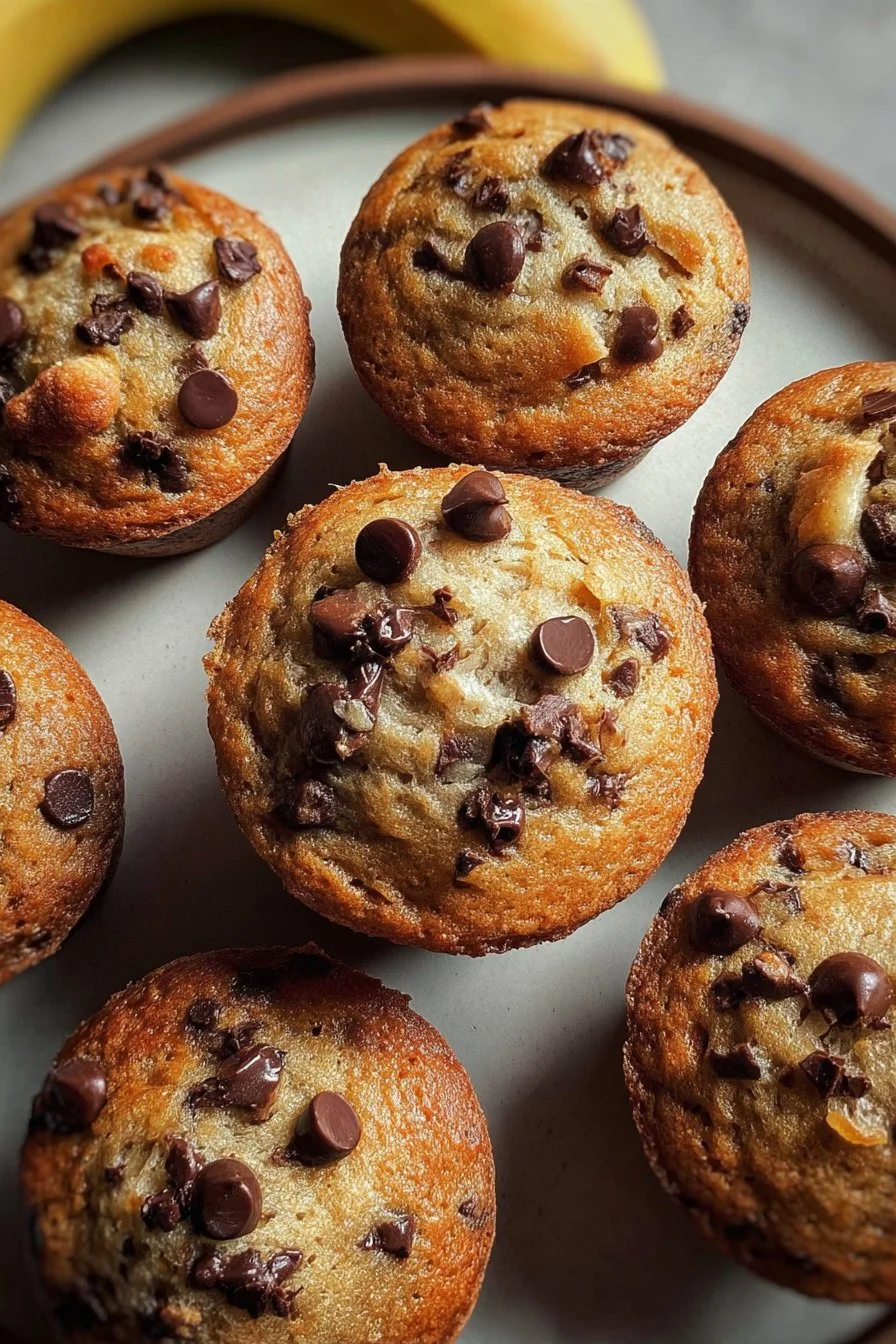 Freshly baked banana chocolate chip muffins cooling on a wire rack.
