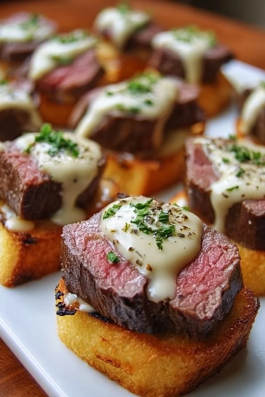 Beef Tenderloin Crostini topped with Parmesan Cream Sauce on a serving platter.
