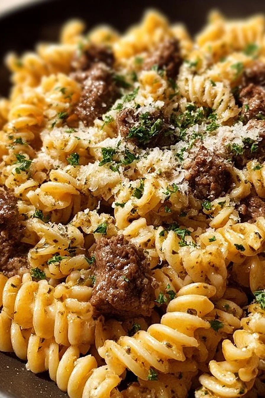 Delicious beef and rotini in garlic parmesan sauce served in a bowl