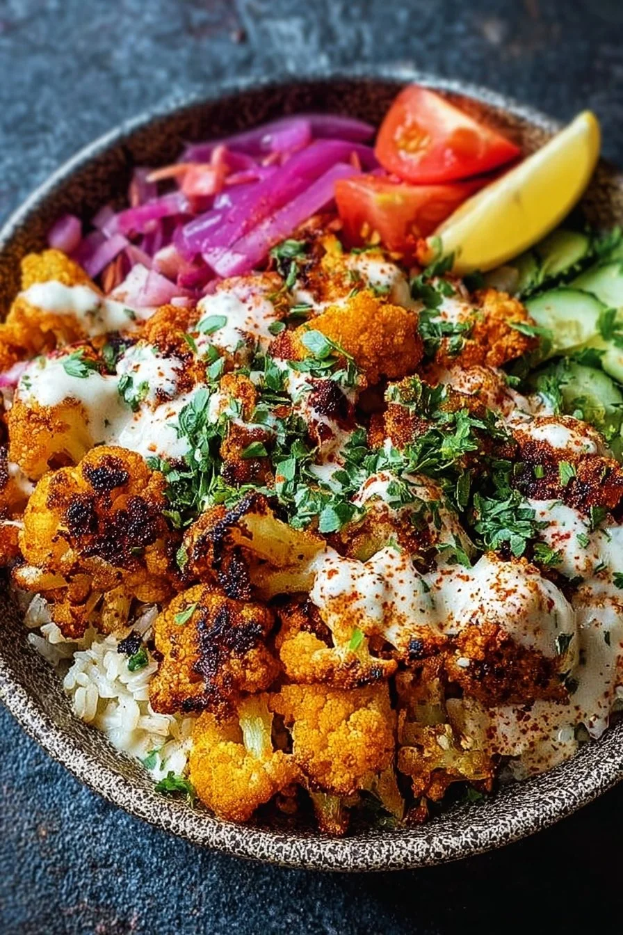 Delicious cauliflower shawarma bowl topped with fresh vegetables and sauce