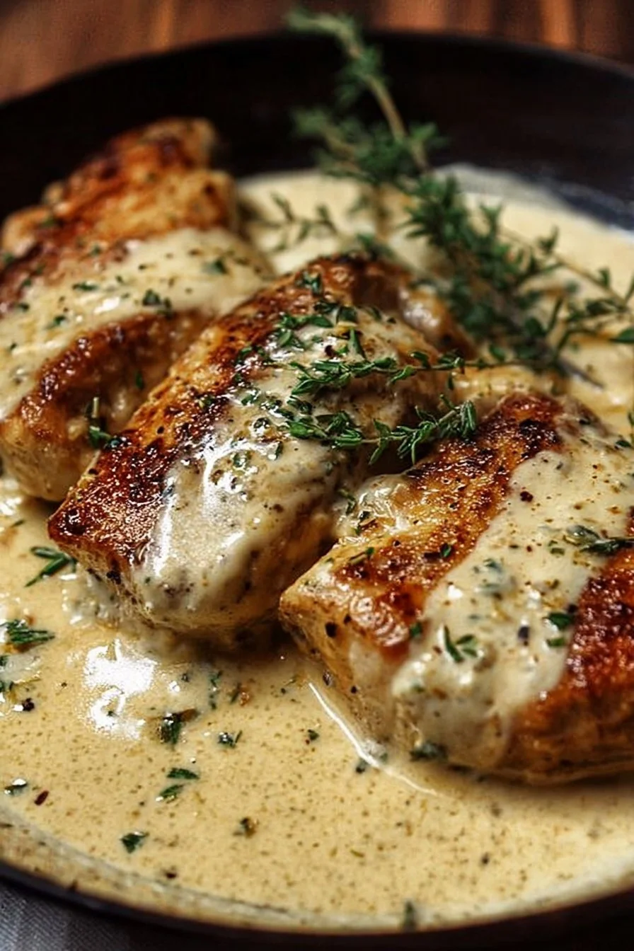 Delicious creamy asiago chicken served with herbs and vegetables