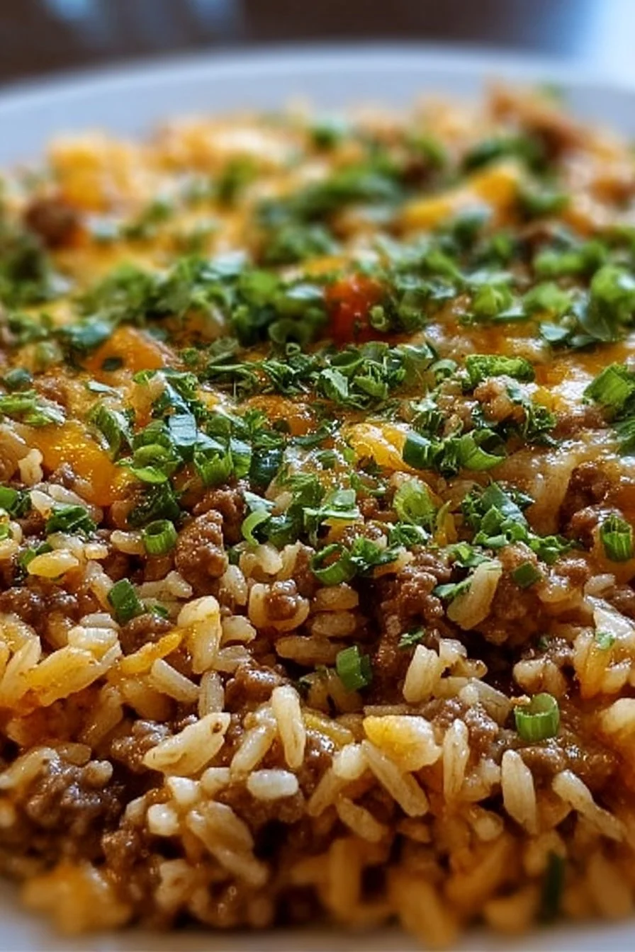 Delicious hamburger rice casserole topped with melted cheese in a baking dish.