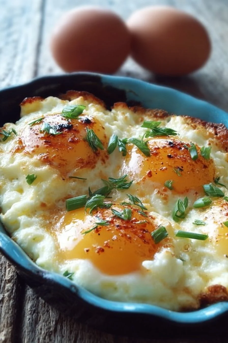 Baked cottage cheese eggs served on a plate with a garnish