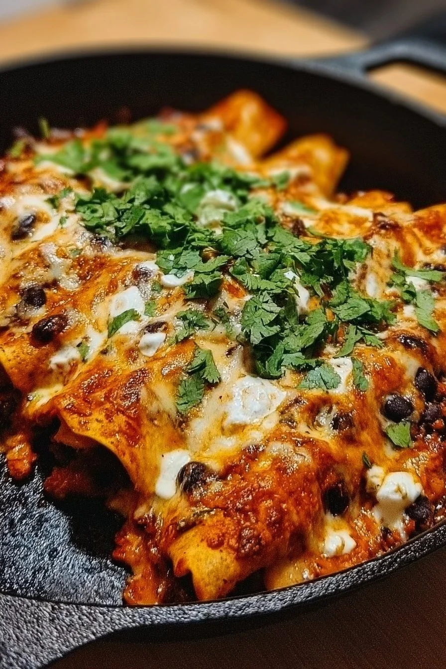 Butternut squash and black bean enchilada skillet topped with cheese and fresh cilantro