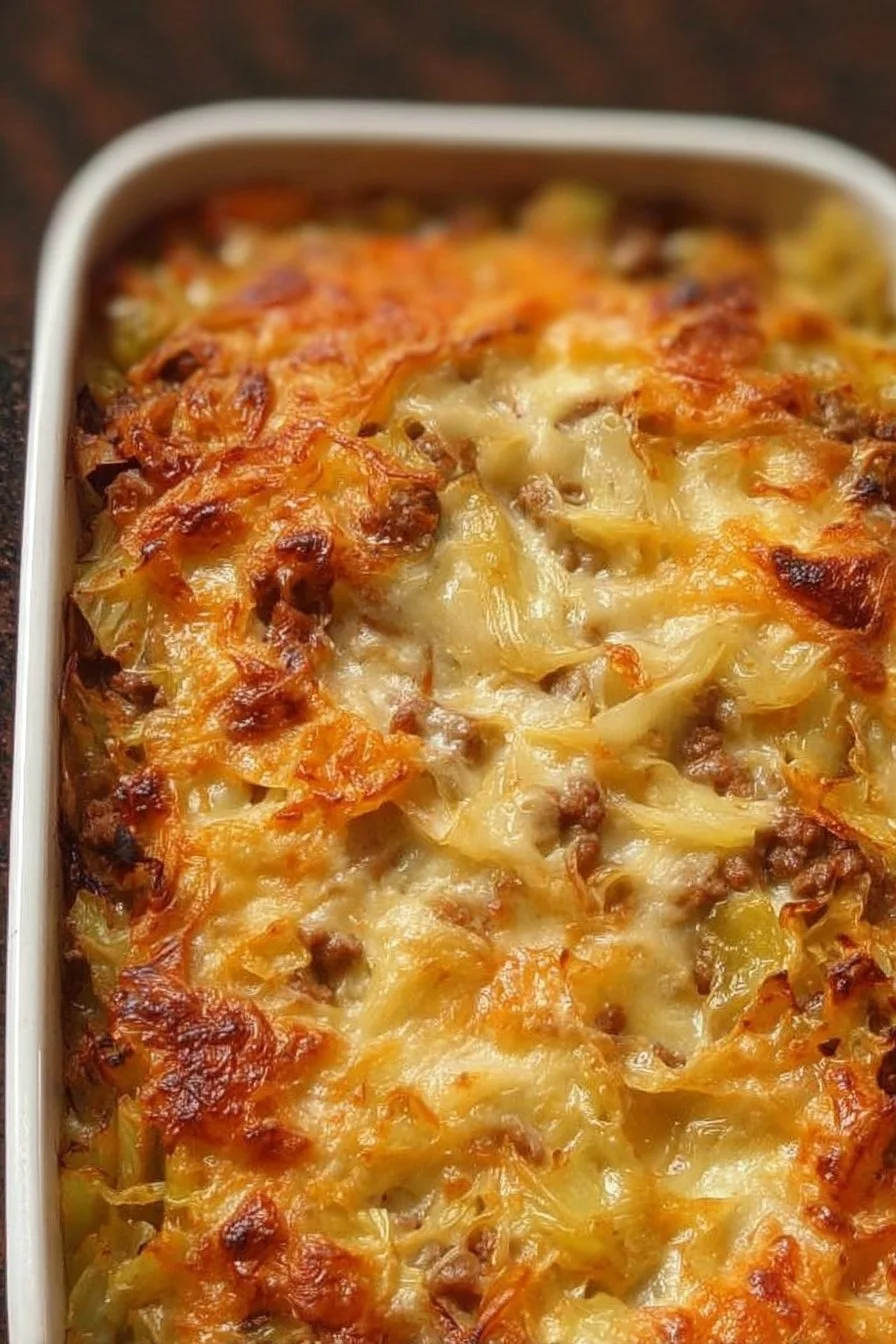 Cabbage Beef Bake served in a dish, highlighting layers of cabbage and beef