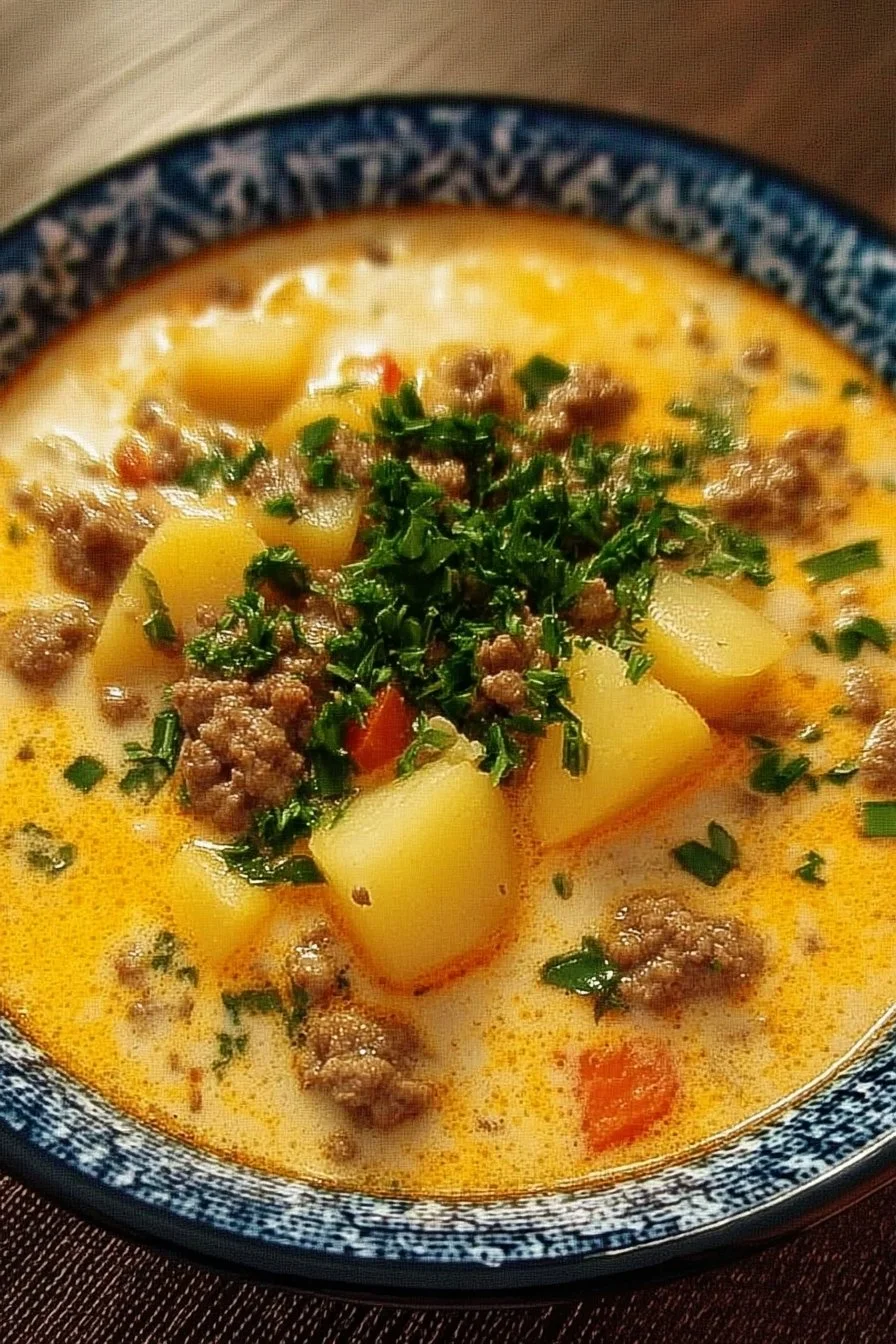 Delicious cheesy hamburger potato soup in a bowl garnished with herbs