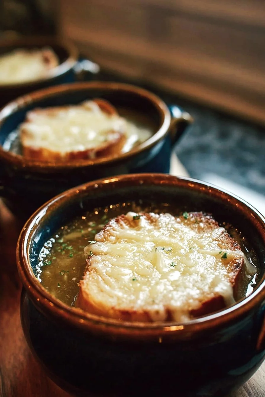 Bowl of cozy French onion soup topped with melted cheese and herbs
