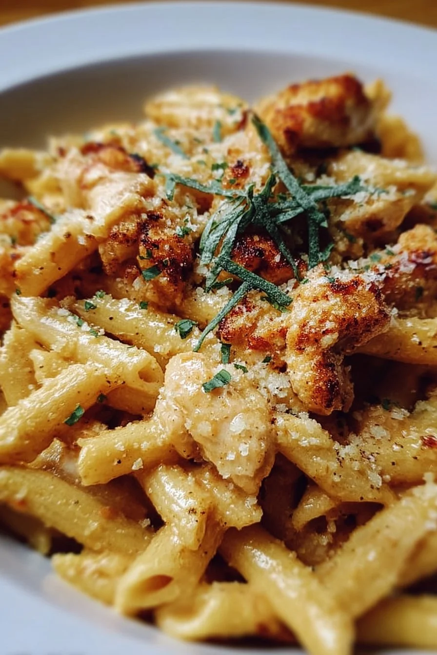 A plate of creamy Crack Chicken Penne with herbs and chicken pieces.