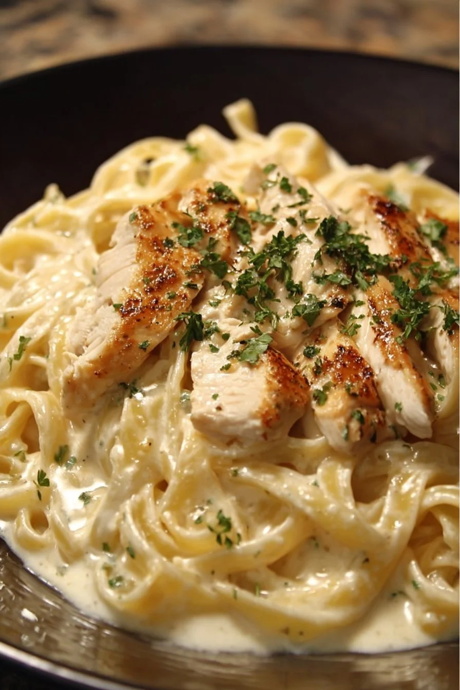 Creamy Chicken Fettuccine Alfredo served in a bowl with parsley garnish.
