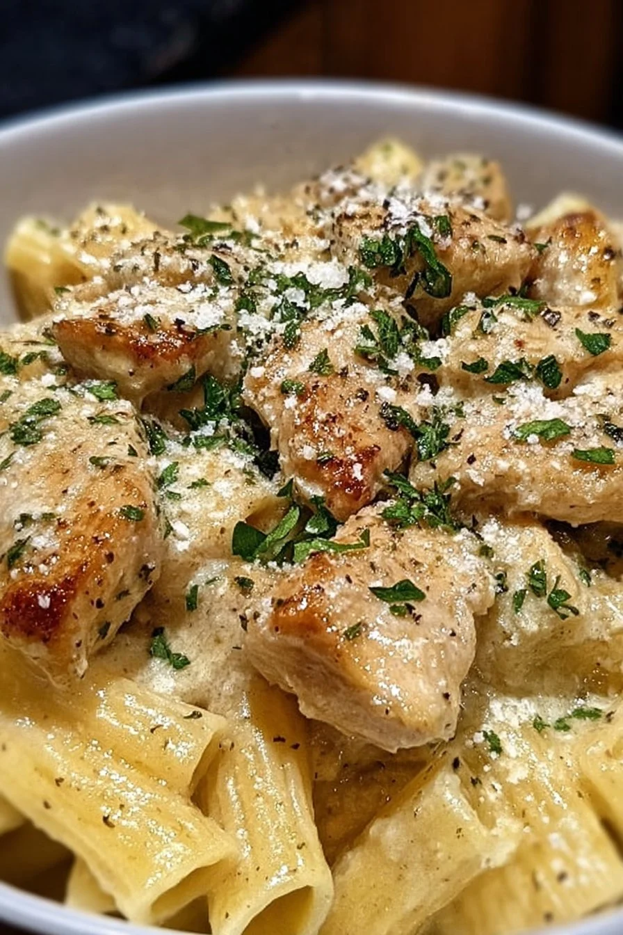 Creamy garlic butter chicken served with rigatoni in Parmesan sauce