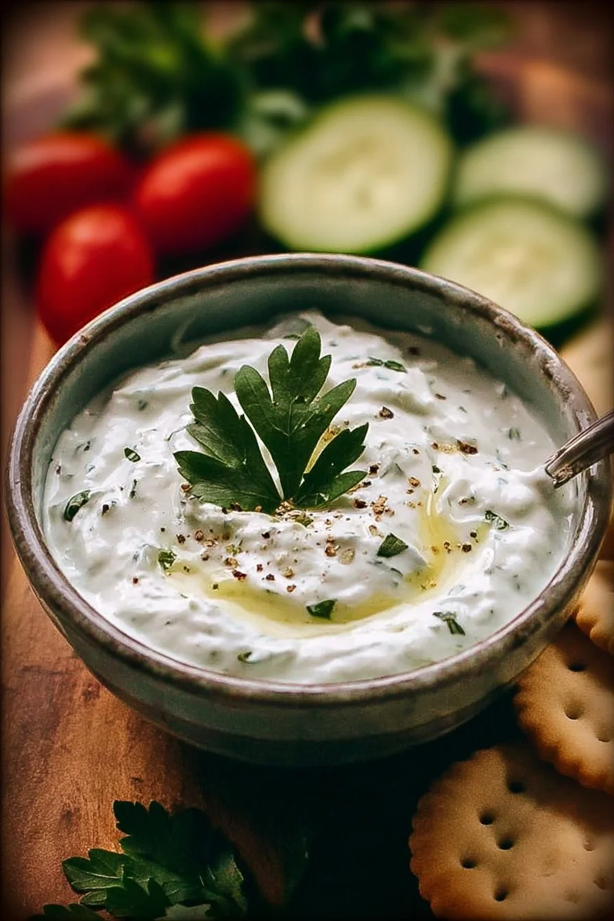 Creamy herb yogurt dip served with fresh vegetables and crackers