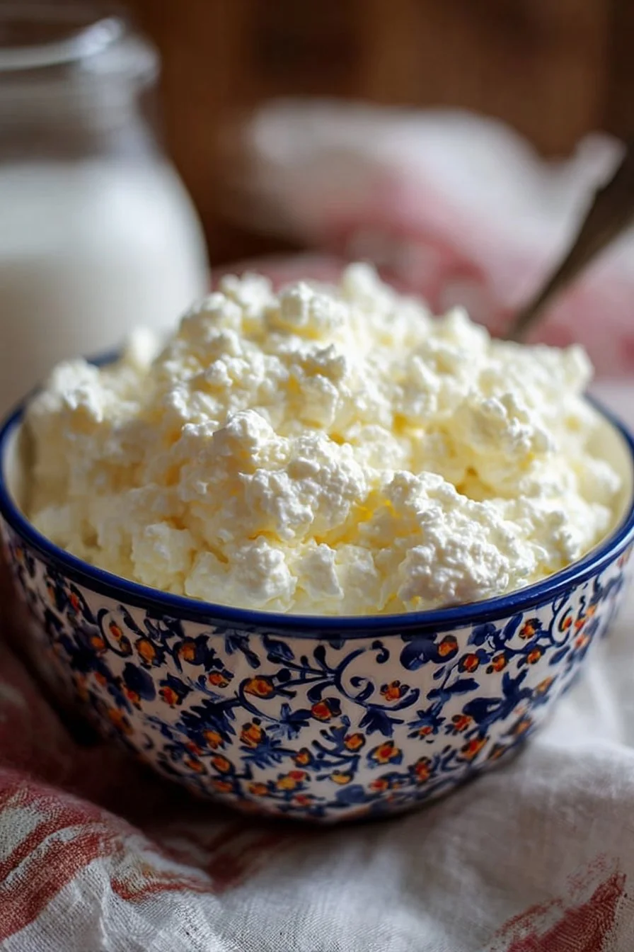 Bowl of creamy homemade cottage cheese garnished with herbs