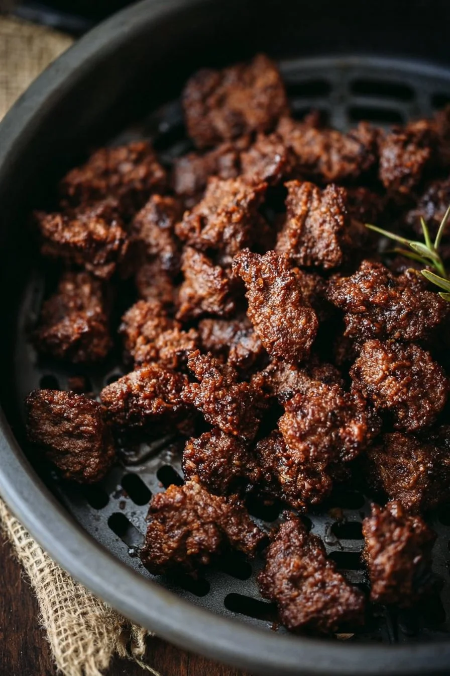 Crispy air fryer beef bites served in a bowl with dipping sauce
