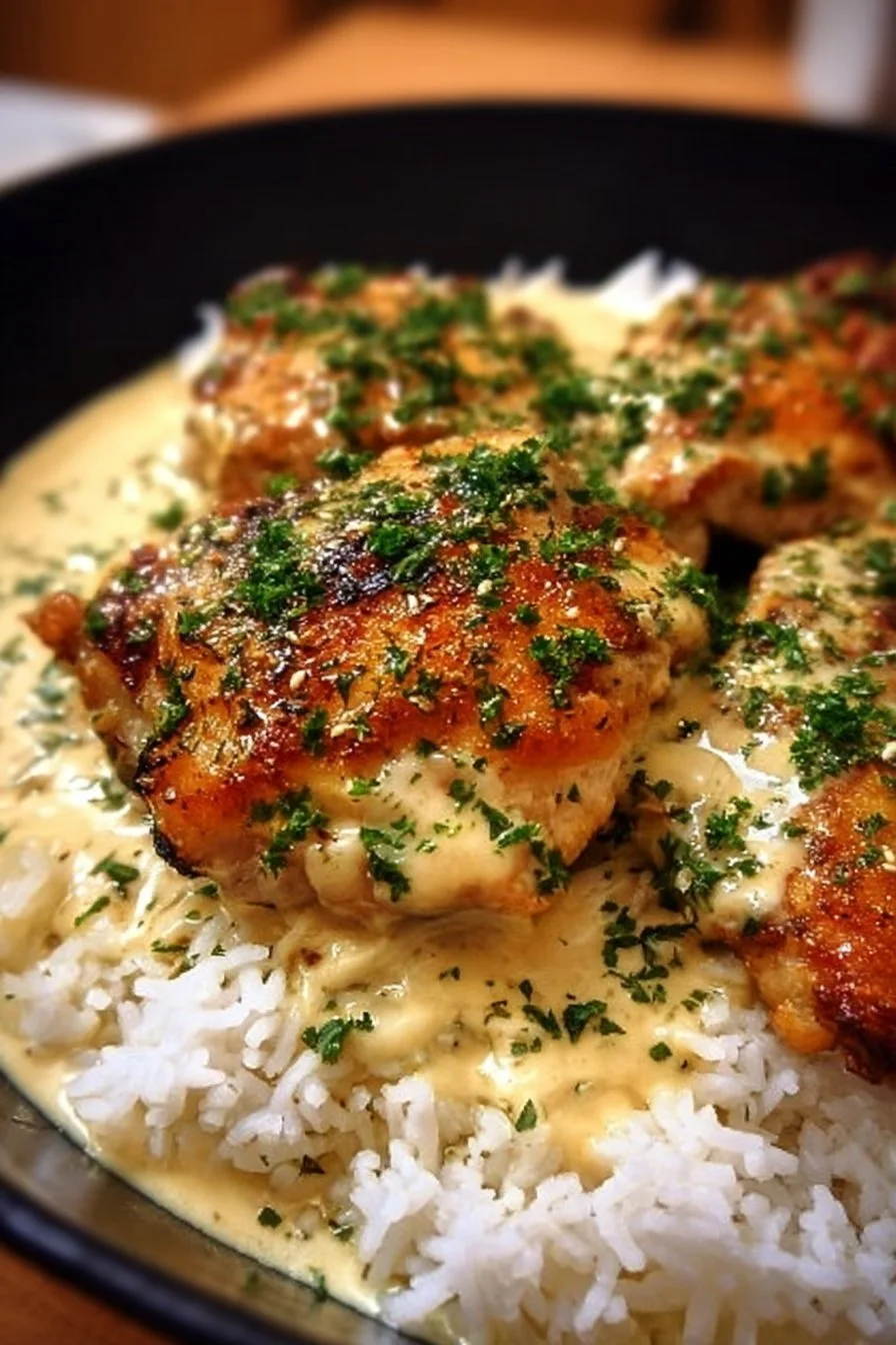 Delicious crispy creamy smothered chicken served over a bed of rice