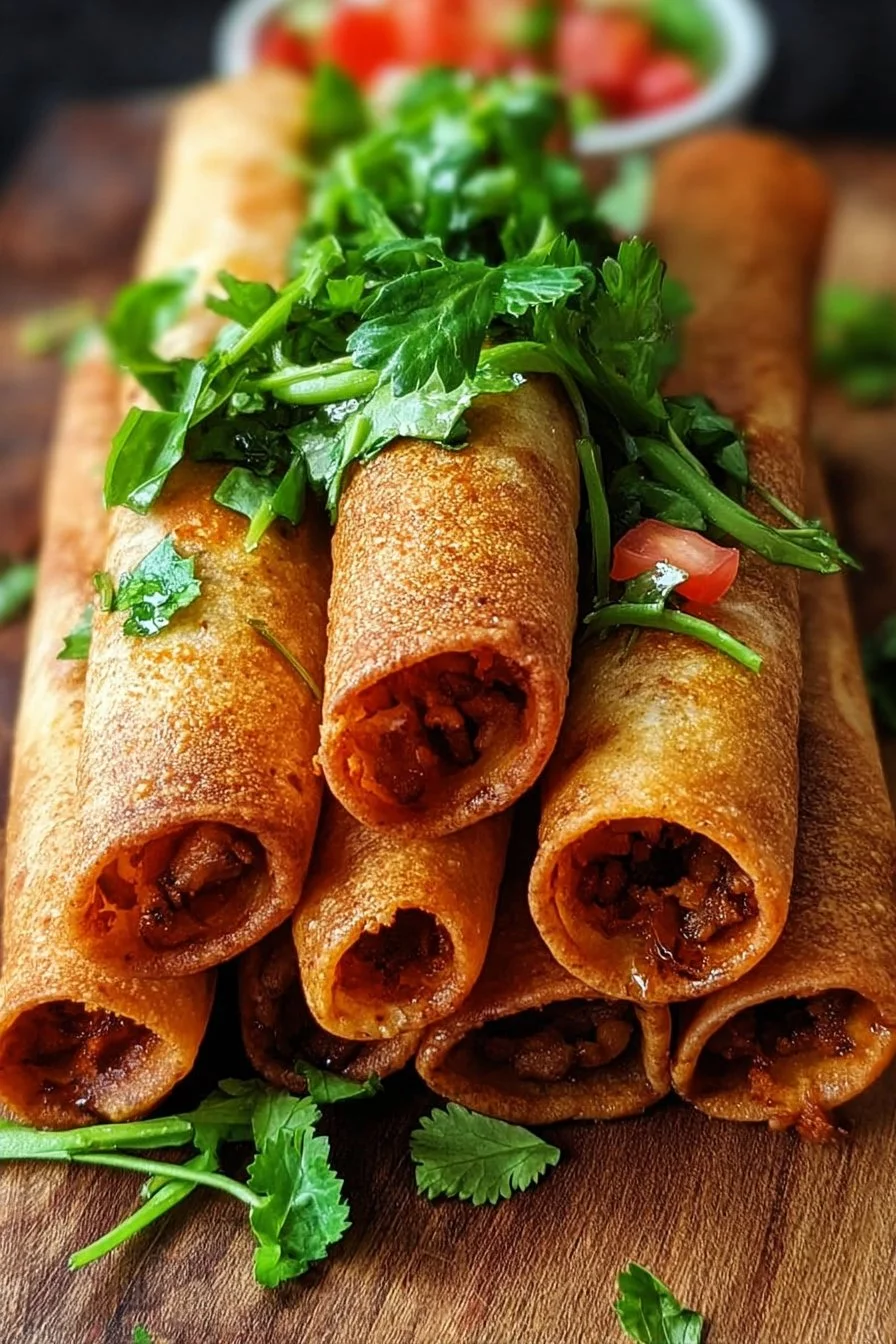 Plate of crispy vegan taquitos with fresh toppings and a side of salsa
