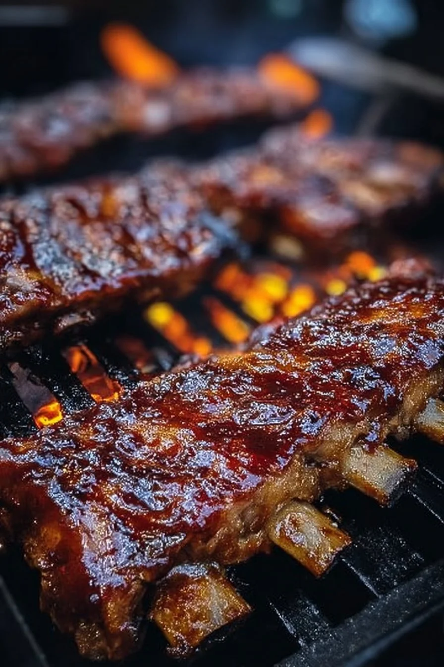 Succulent BBQ ribs glazed with barbecue sauce and garnished with fresh herbs.