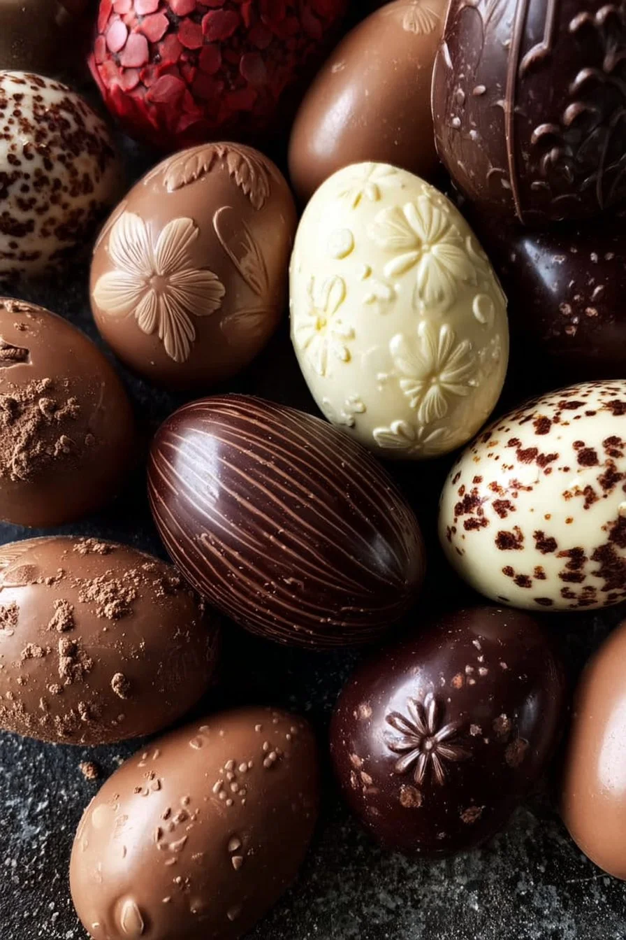 Assorted delicious Easter chocolate eggs and bunnies for the holiday