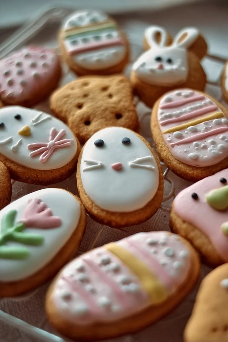 A variety of colorful and decorated Easter cookies on a festive plate.