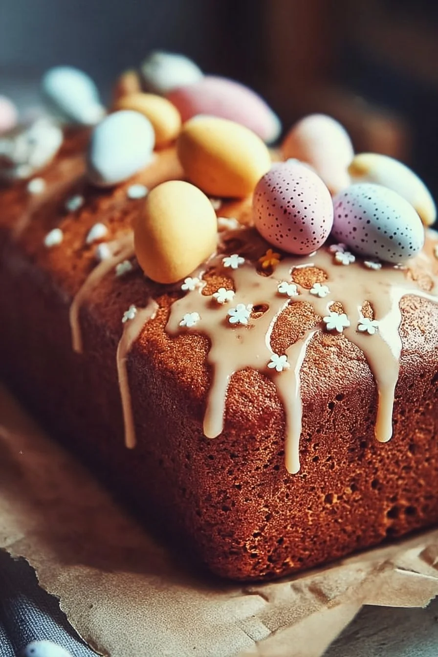 Deliciously baked Easter loaf cake decorated with spring themes.