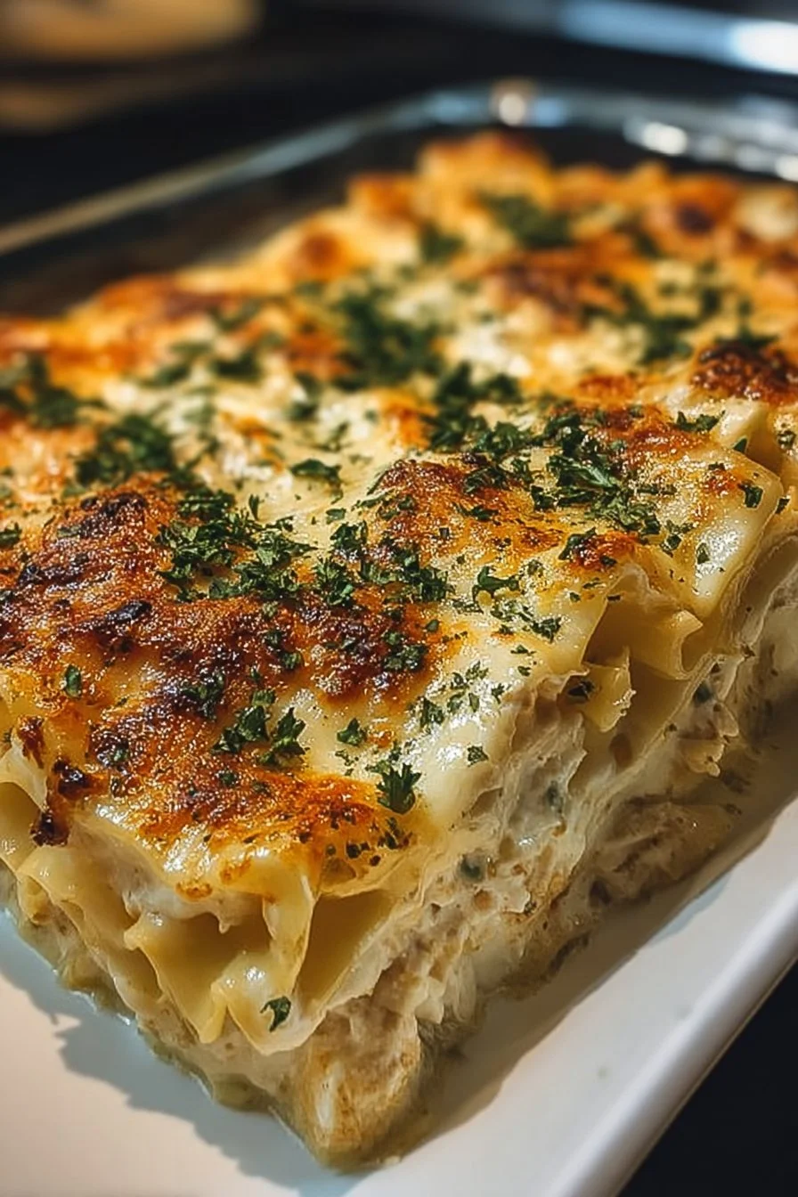 Plate of gluten free garlic chicken lasagna with fresh herbs on top