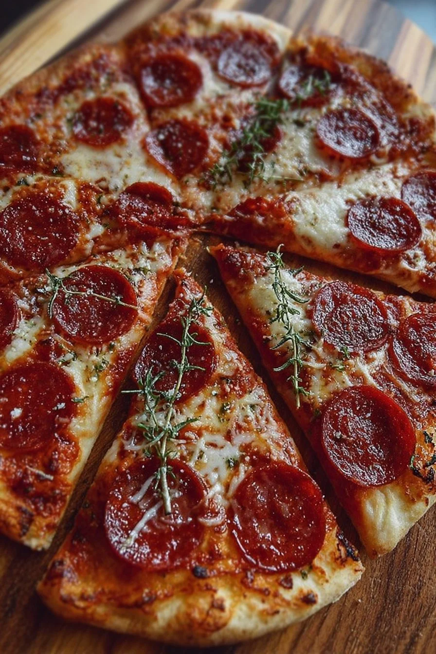 Homemade pepperoni pizza with fresh ingredients on a wooden table.