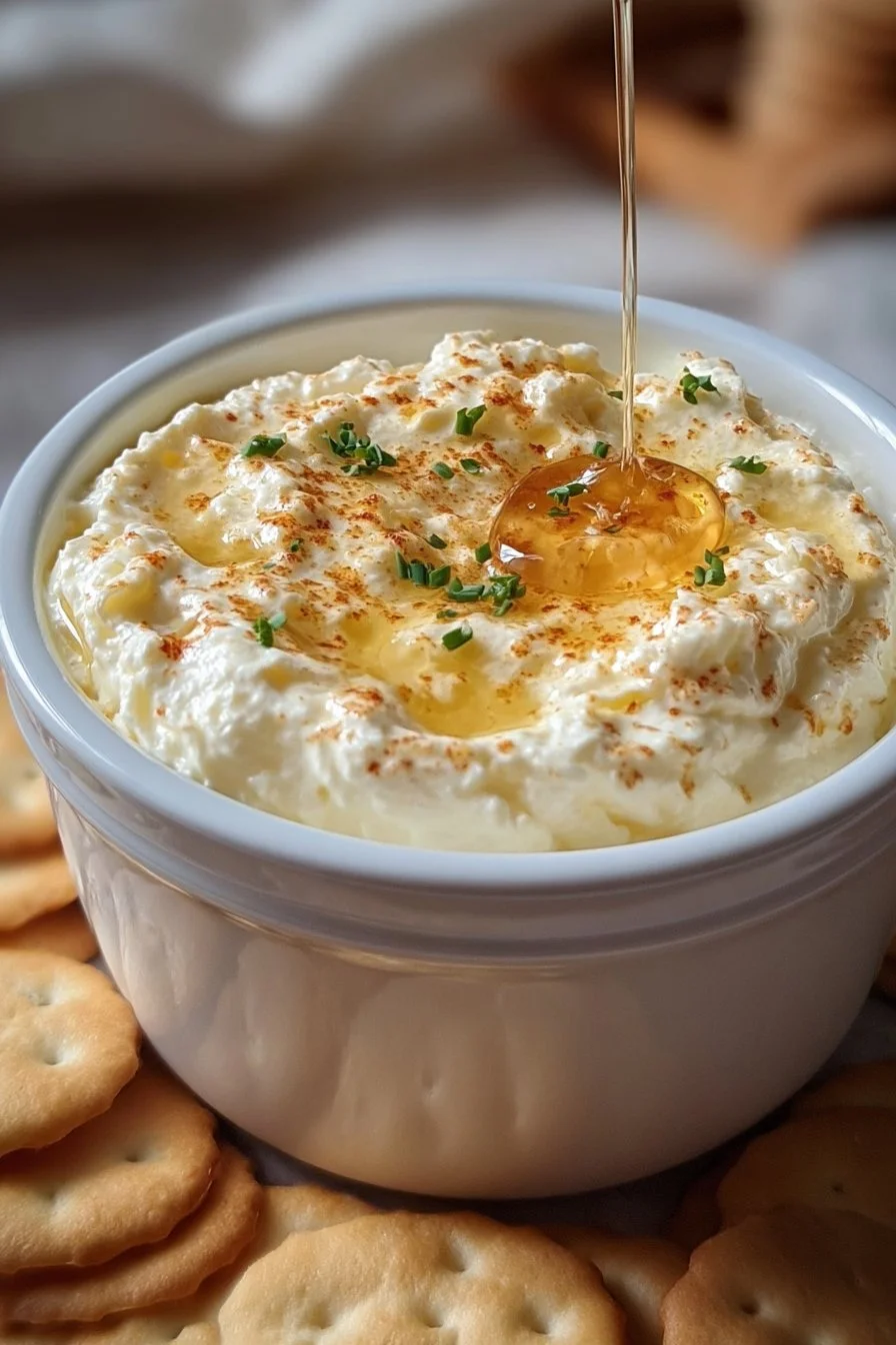 Delicious hot honey cream cheese dip served with crackers