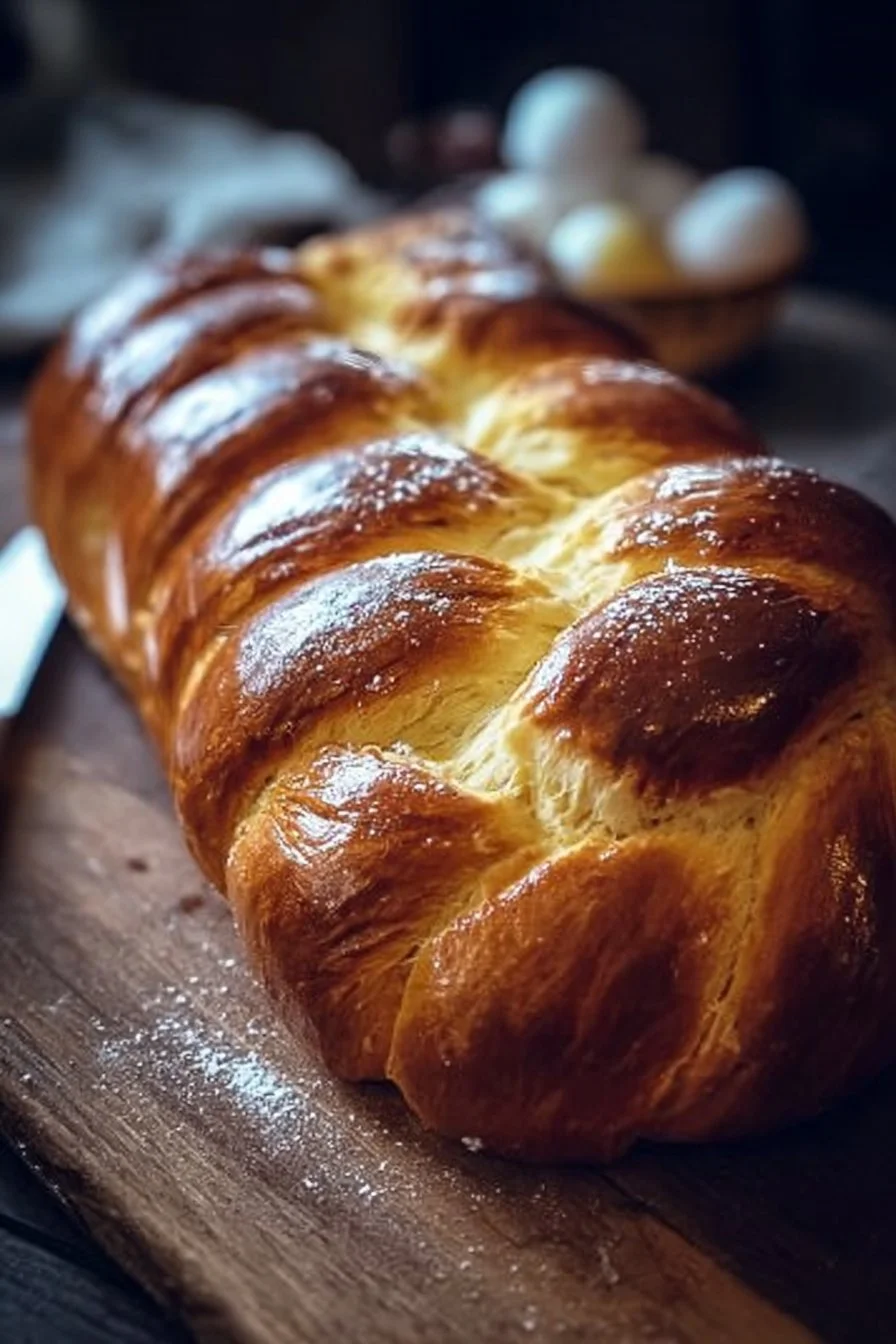 Homemade delicious Italian Easter Bread with colorful eggs on top.