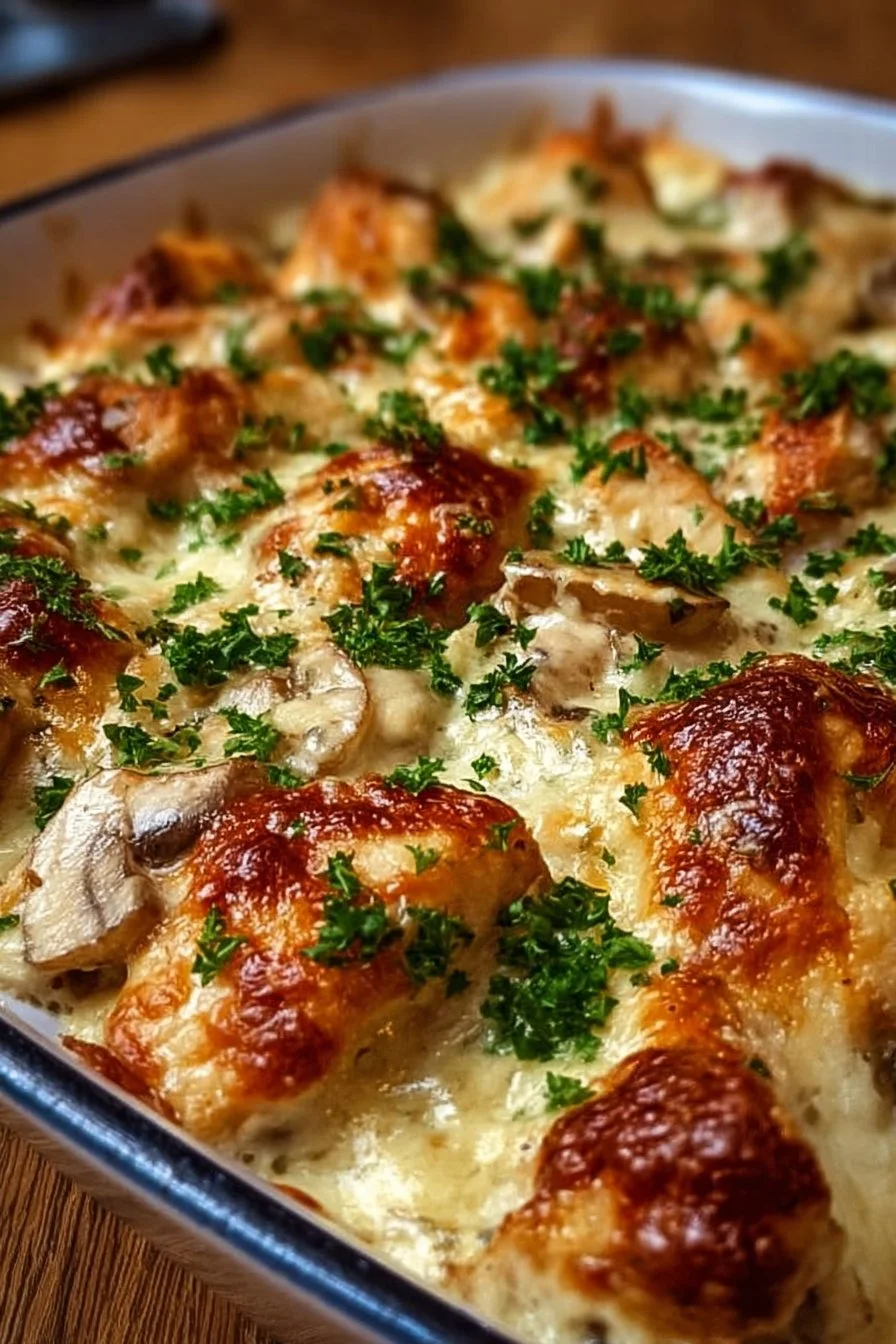 Delicious low carb Swiss chicken casserole served in a dish