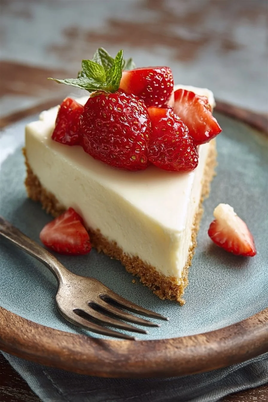 Delicious no-bake cheesecake topped with fresh strawberries on a plate