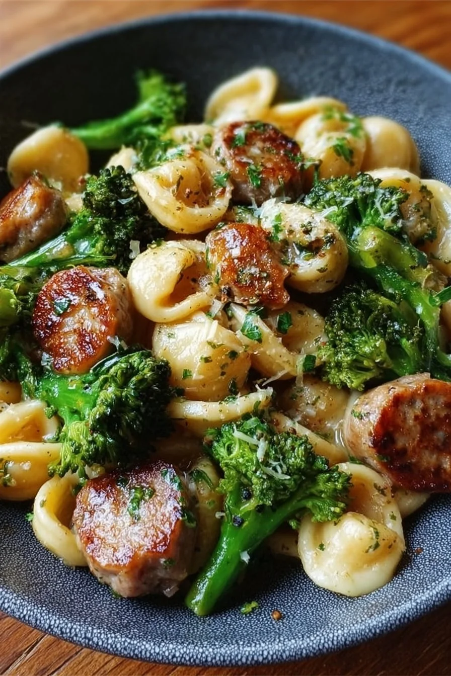 Delicious orecchiette with sausage and broccoli served in a bowl