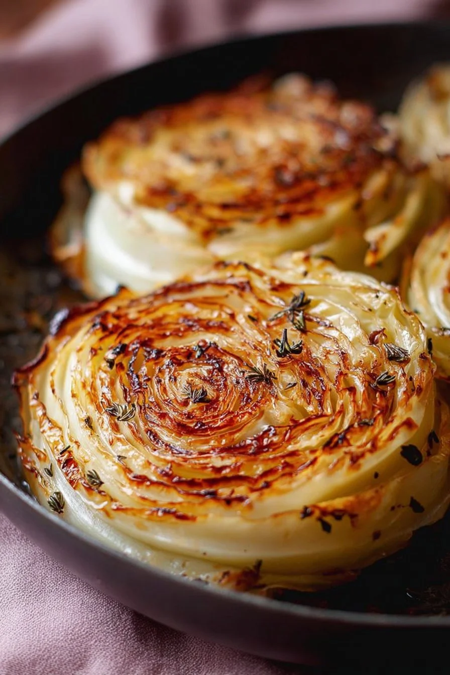 A plate of delicious roasted cabbage steaks garnished with spices and herbs.