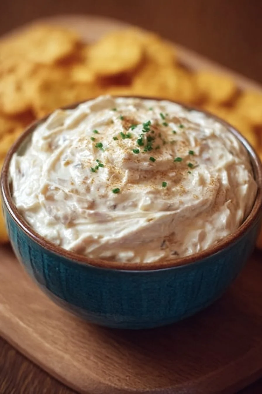 A bowl of deliciously creamy French onion dip served with fresh vegetables and chips.