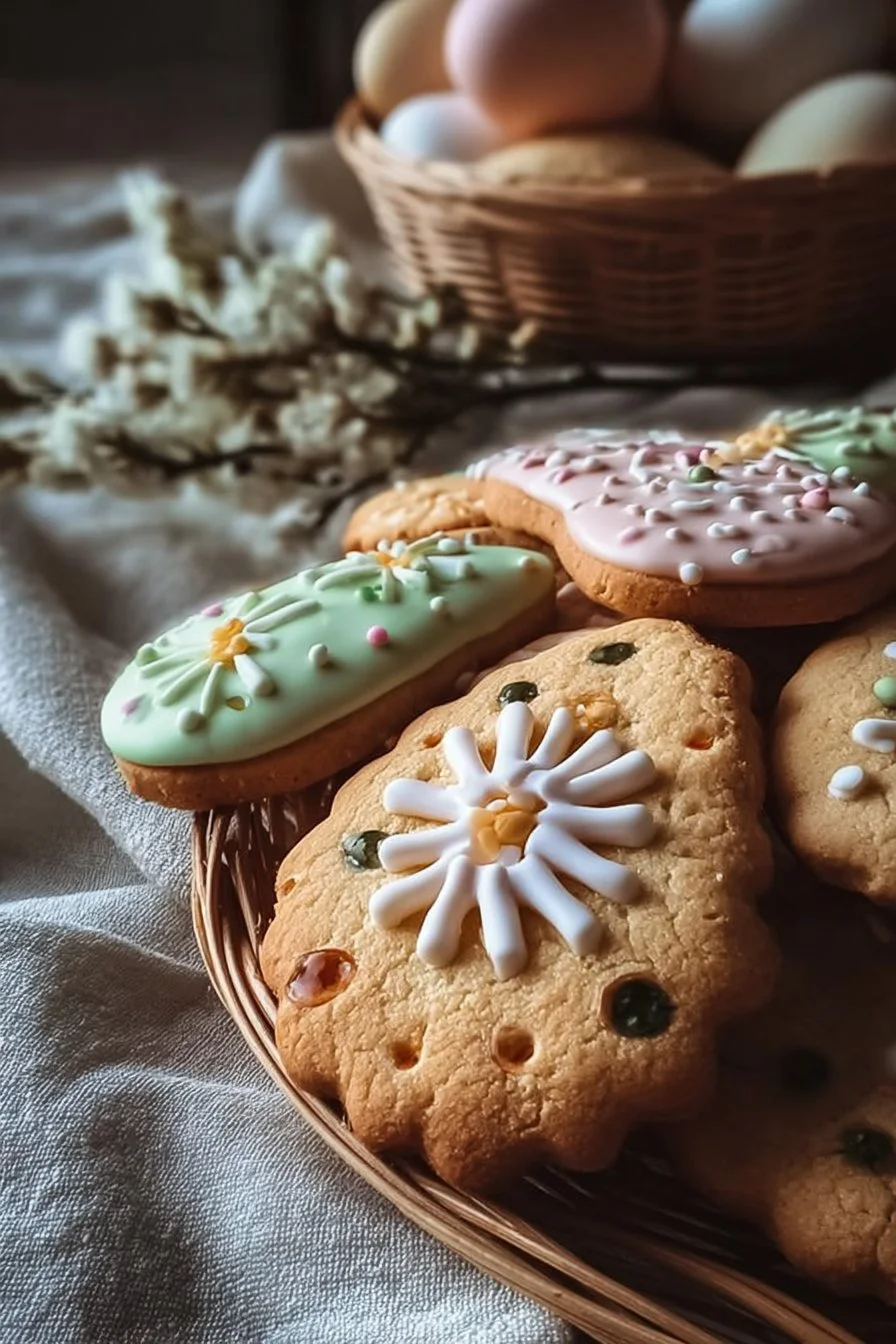 Colorful Easter biscuits with icing and sprinkles on a festive plate.