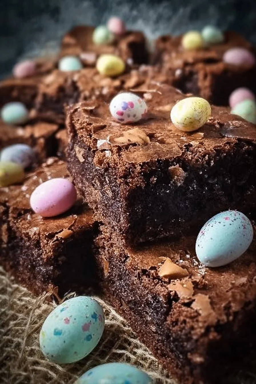 Decadent Easter Brownies decorated with colorful Easter-themed toppings