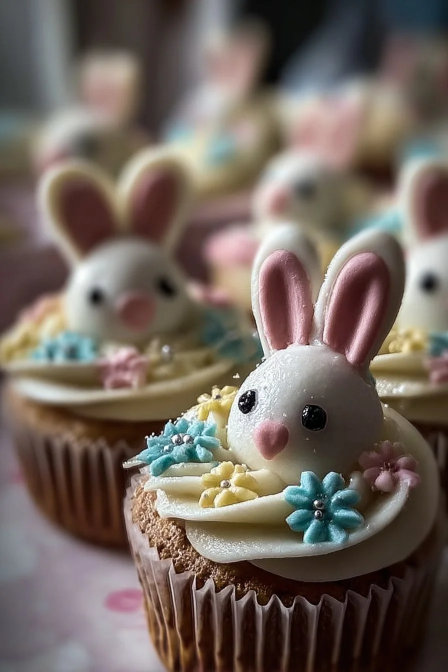 Delicious Easter Bunny cupcakes decorated with frosting and candy
