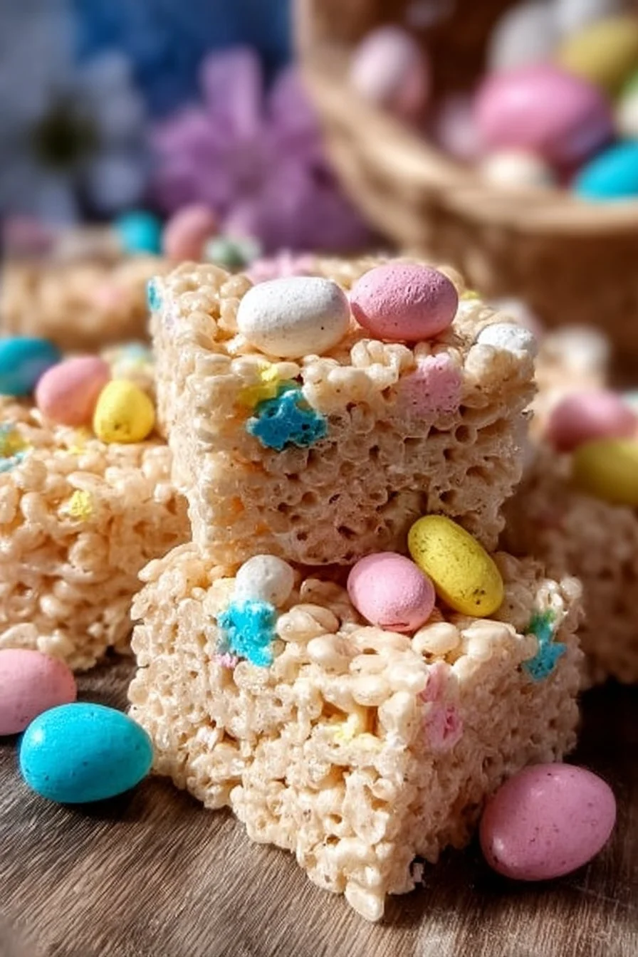 Colorful Easter Rice Krispie Treats shaped like bunnies and eggs