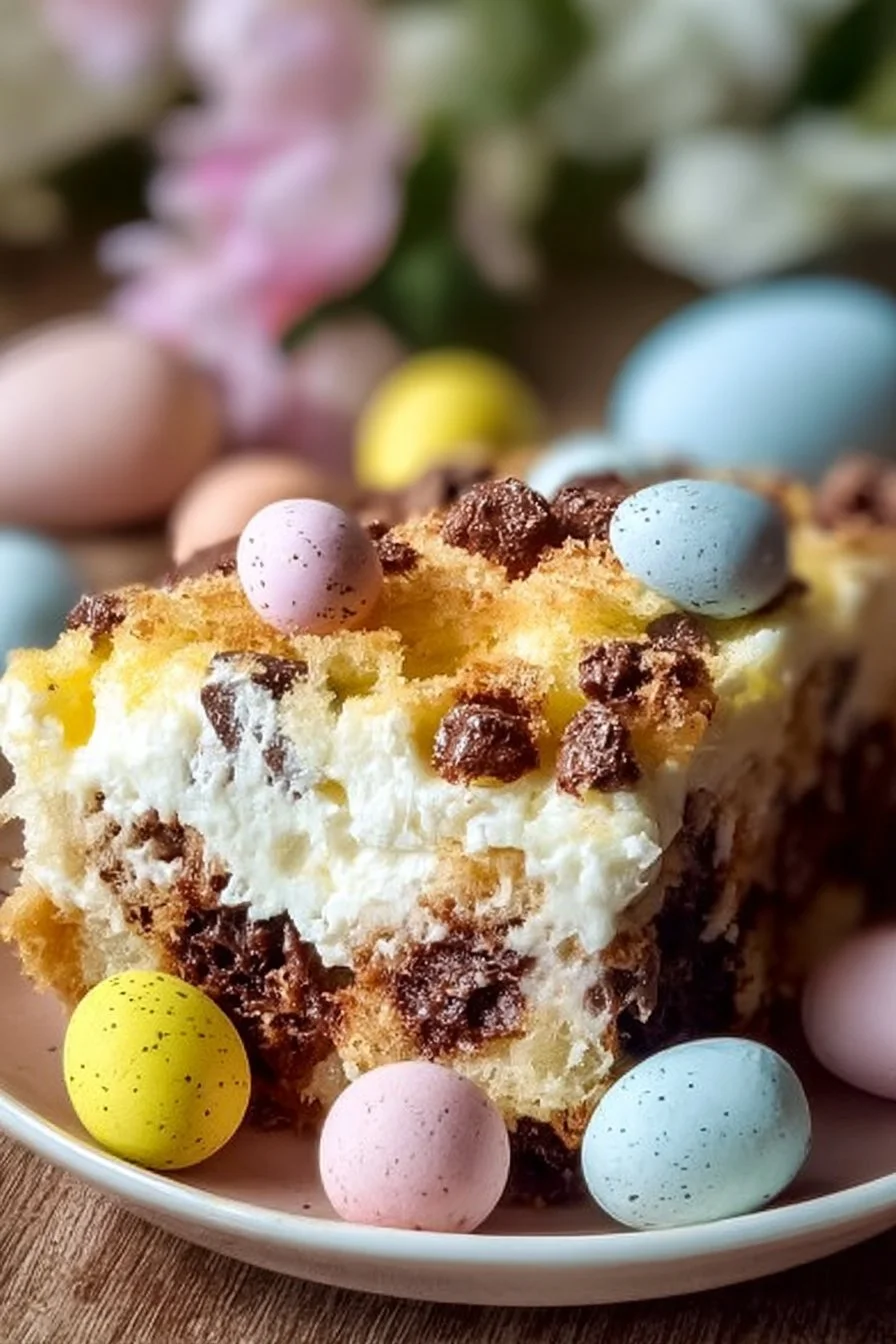 Delicious Easy Easter Dump Cake with festive decorations for the holiday