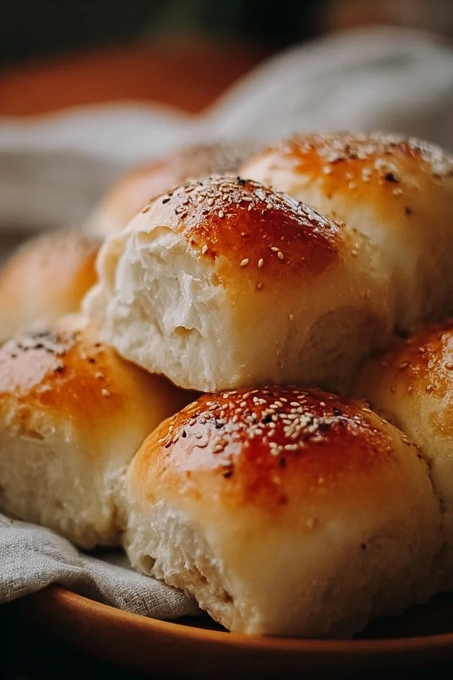 Freshly baked easy homemade dinner rolls on a wooden table