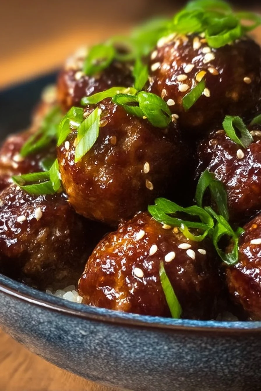 Delicious easy Mongolian meatballs served with sauce and garnished with green onions