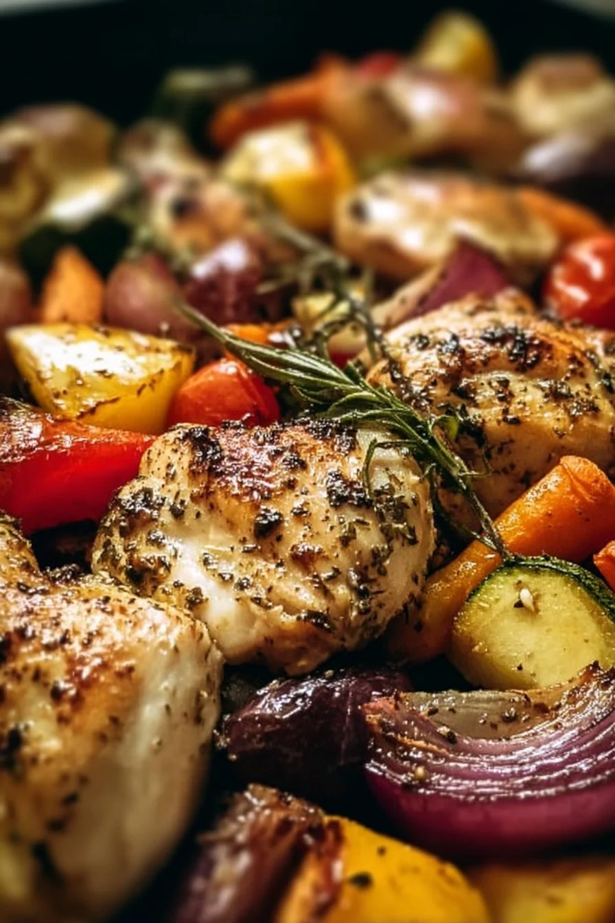 Easy sheet pan chicken with mixed vegetables ready to serve