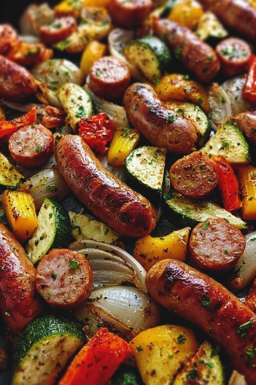 Easy sheet pan sausage with colorful roasted veggies