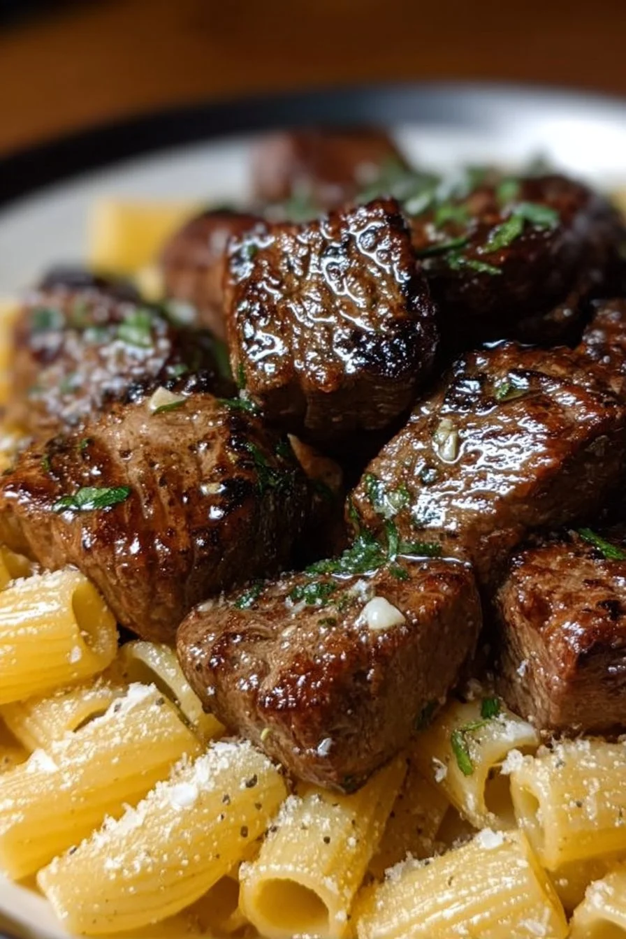 Garlic Butter Steak Tips served with creamy cheesy rigatoni pasta