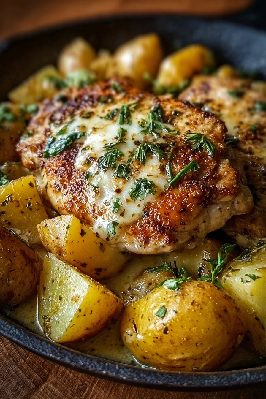 Garlic Parmesan Chicken and Potatoes served on a rustic plate