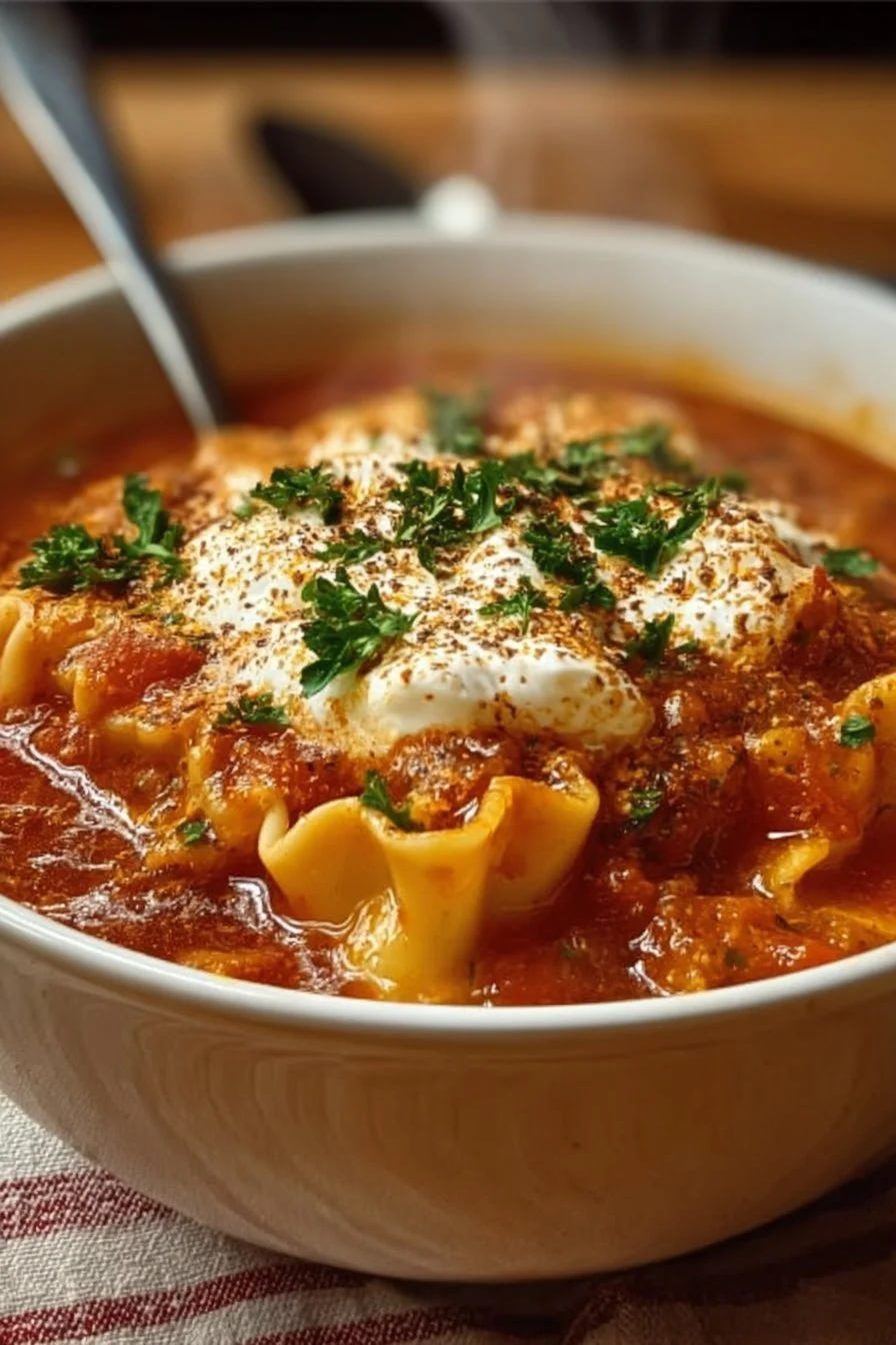 Bowl of Gluten Free Lasagna Soup topped with cheese and herbs