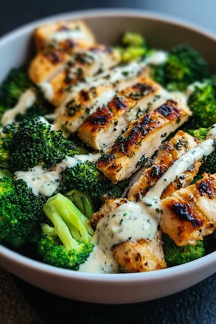 Grilled chicken bowls with broccoli and creamy garlic sauce